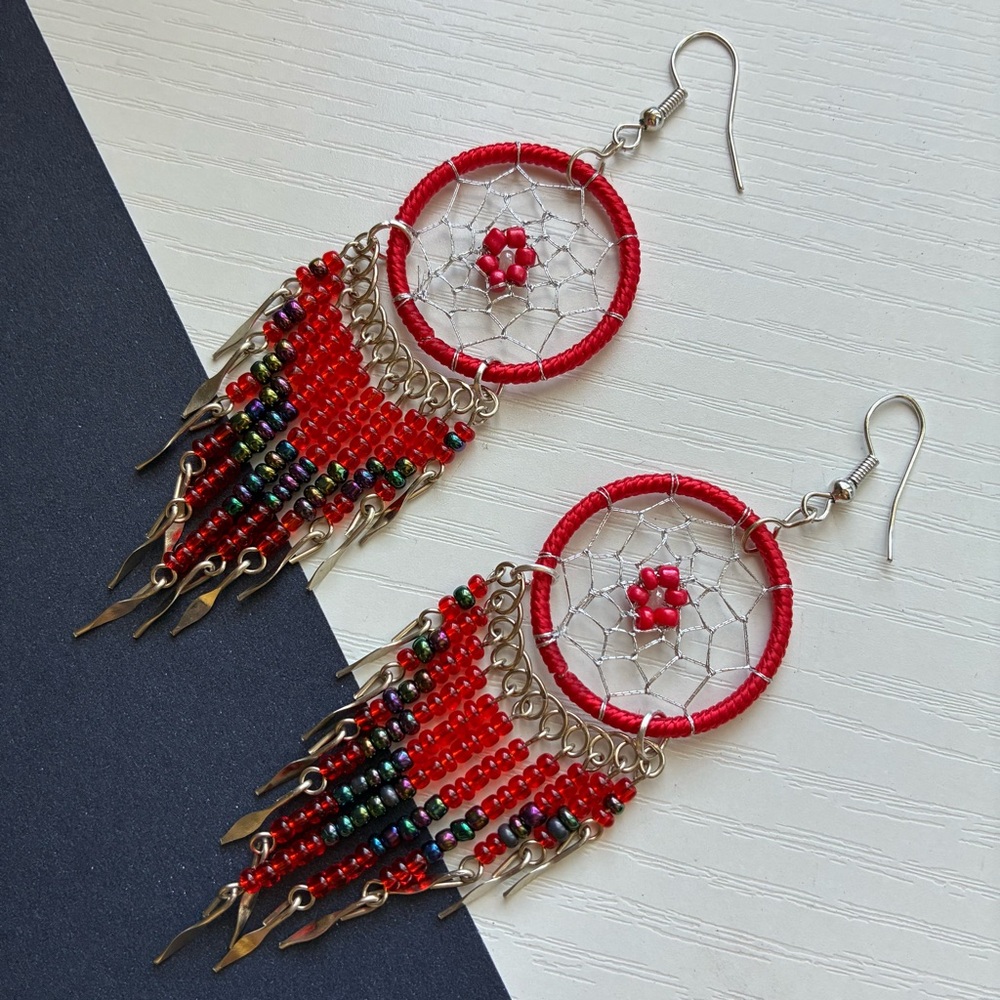 Vibrant Red Beaded Dreamcatcher Earrings